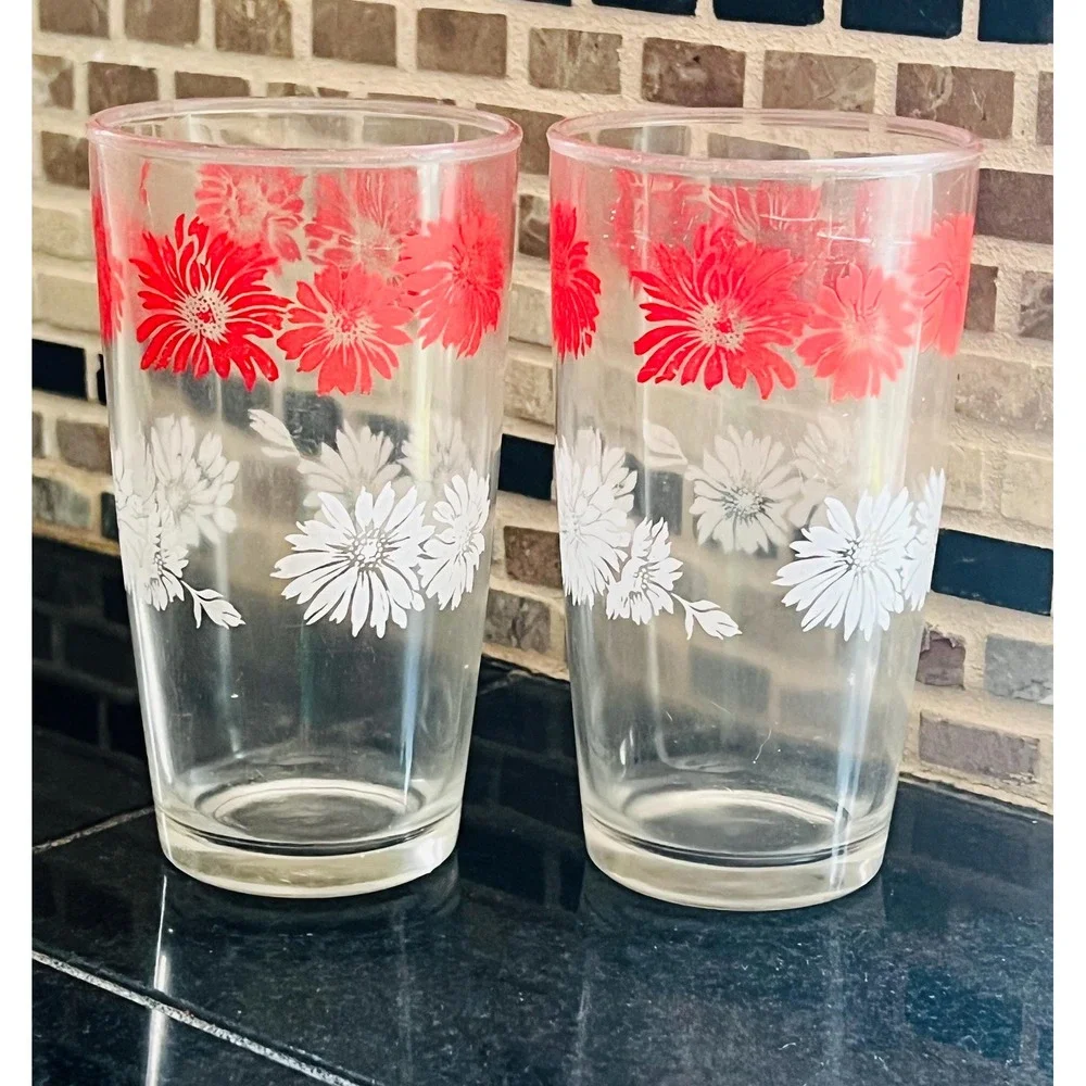Vintage Hazel‎ Atlas Red and White Flower Print Glasses Juice Cups